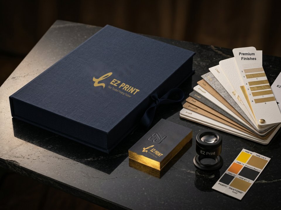 Illustration: commercial print materials showcase including presentation box, business cards, swatches and optical loupe