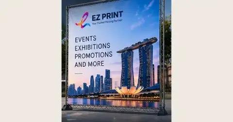 Illustrative large printed event banner with Singapore skyline artwork. Topic example for banner printing; exact options are confirmed by enquiry.