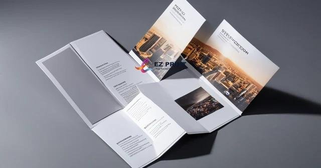 An open tri-fold brochure displaying its three folded panels and reading sequence.