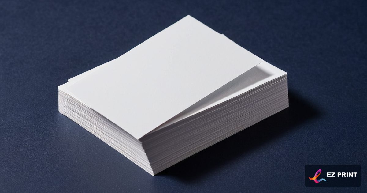 Photograph of a stack of blank white business cards on a navy desk.