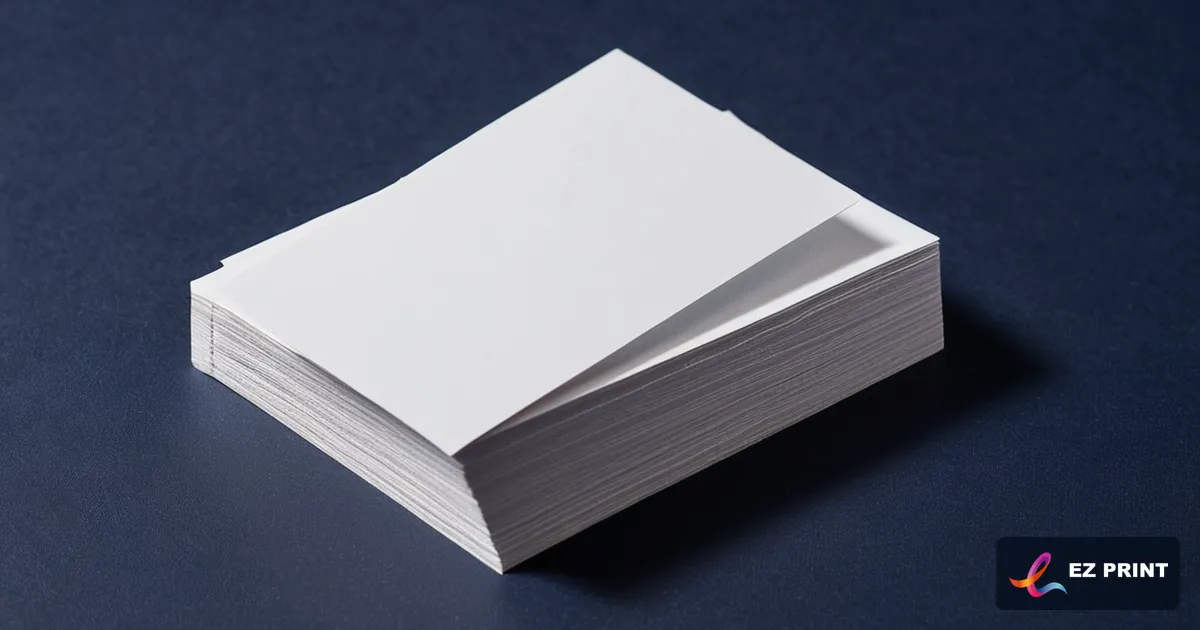 Photograph of a stack of blank white business cards on a navy desk.