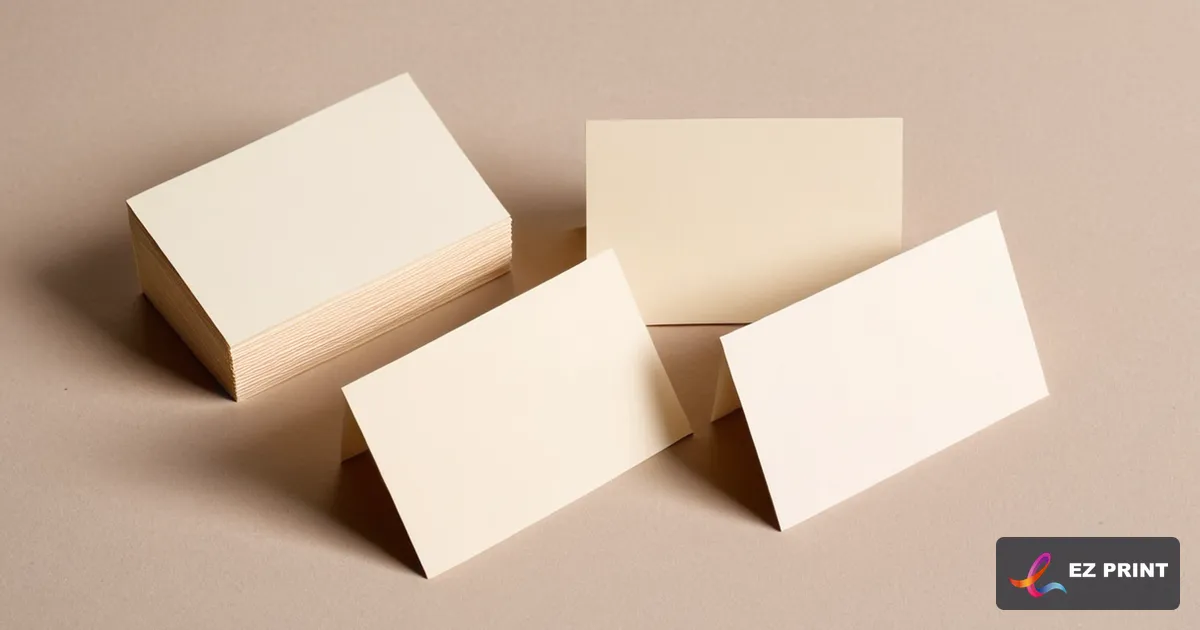 Photograph of three blank cream business cards of slightly different proportions side by side.