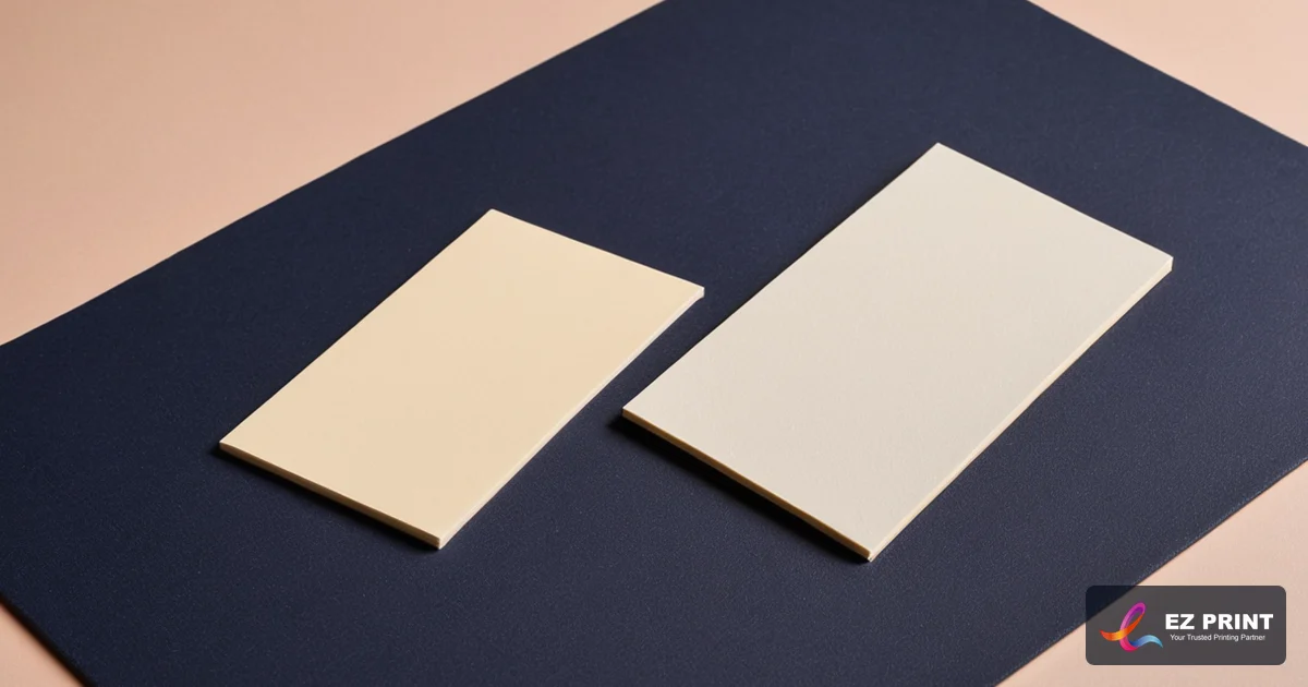 Photograph of two blank cream business cards on navy and peach paper.