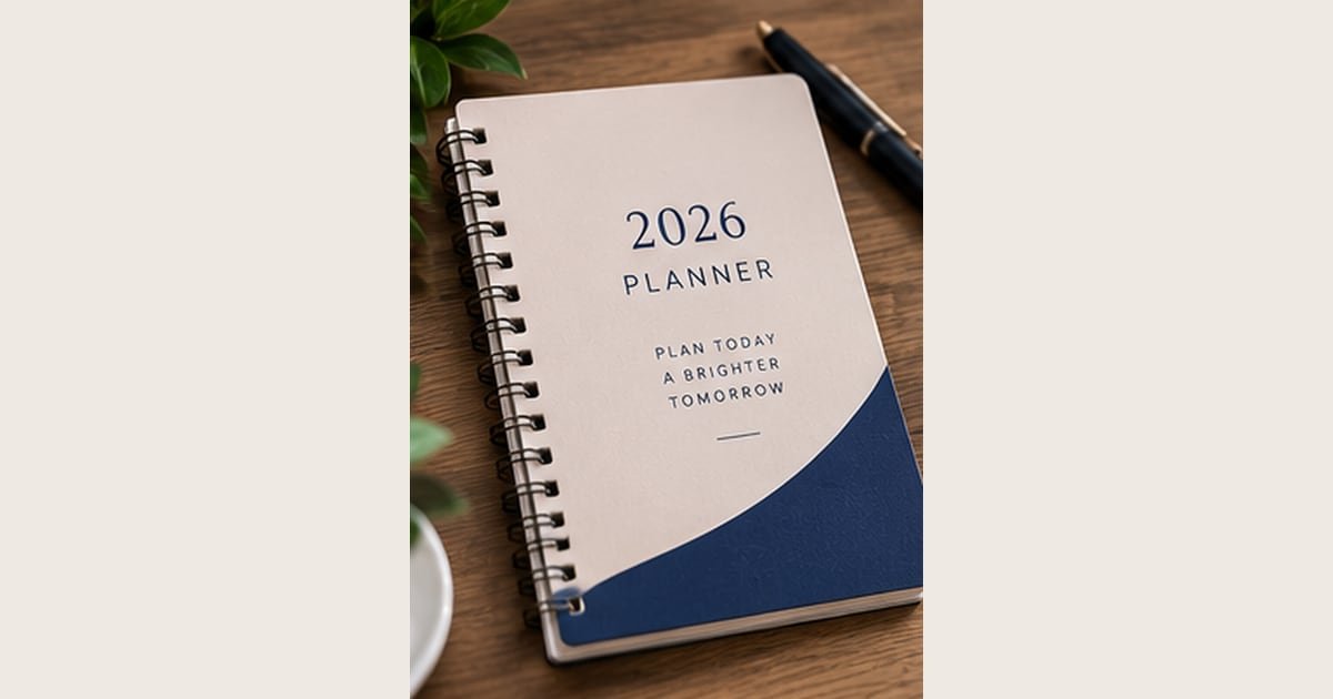 Illustrative spiral-bound planner opened to a 2026 calendar layout.