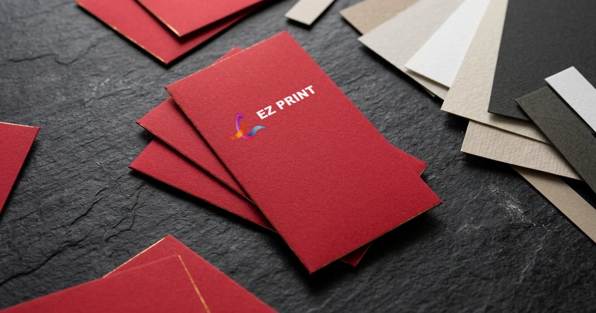 Red cards with gold edges on dark slate, the top card printed with the EZ Print logo, beside paper stock samples.