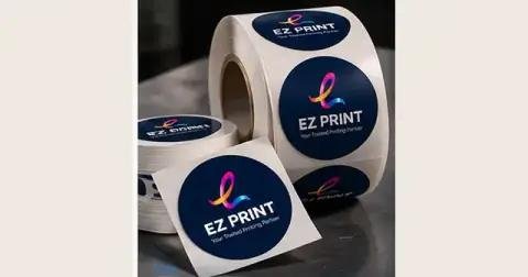 Illustrative rolls of product labels in different shapes and colours.