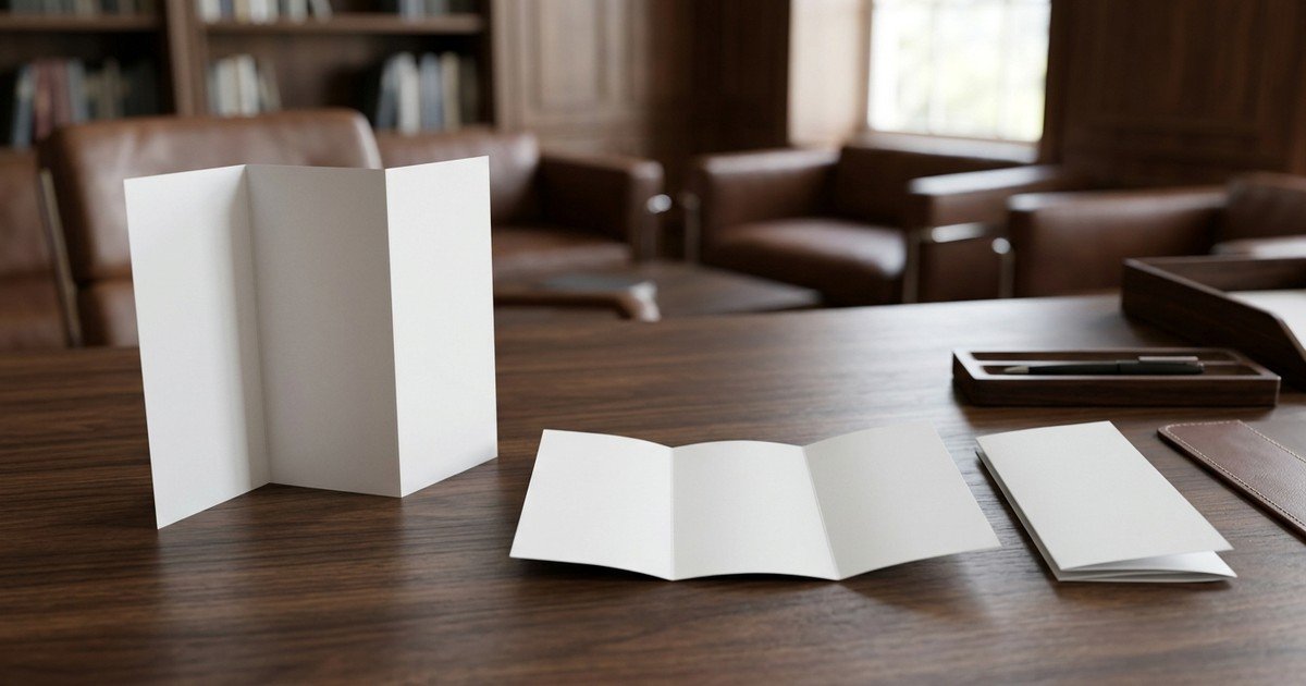 Illustration of three blank folded brochures, a tri-fold, a Z fold and a closed leaflet, on a dark wooden desk.
