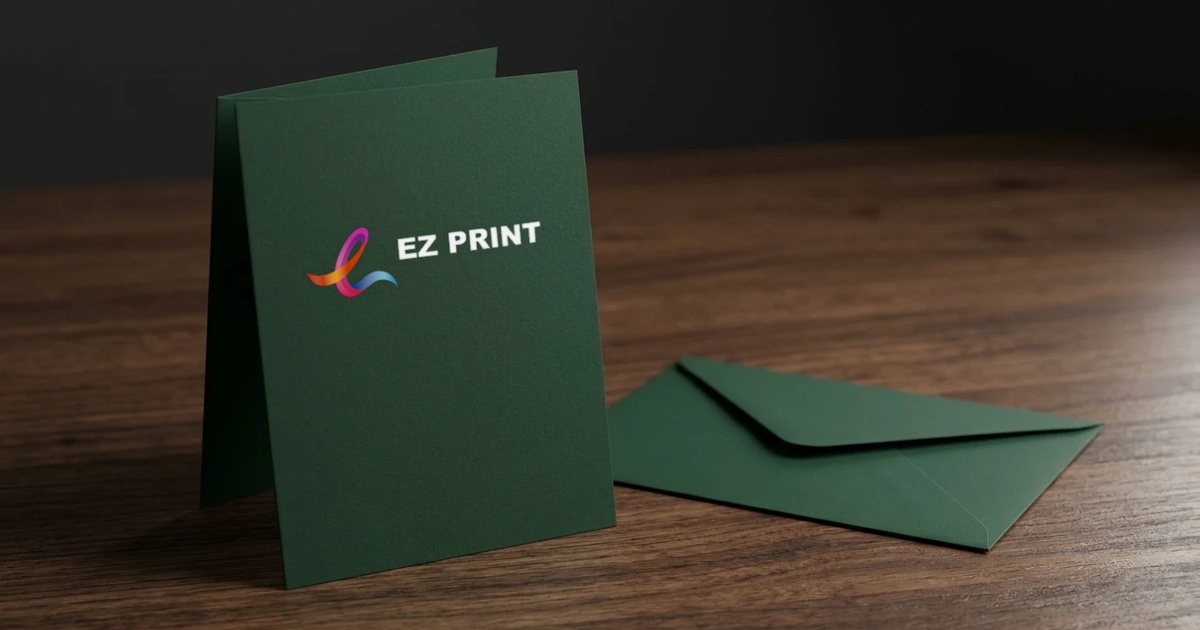 Folded dark green greeting card standing on a desk, printed with the EZ Print logo, beside a matching envelope.
