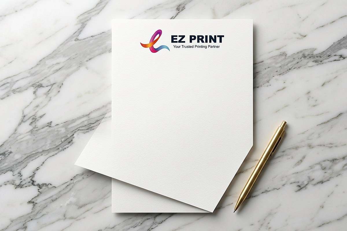 Photograph of printed A4 corporate letterhead sheets with the EZ Print logo and a brass pen on a marble desk.