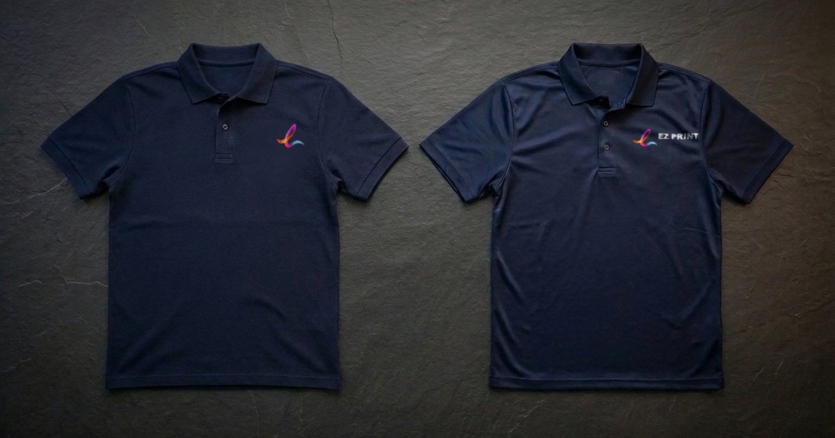 Two navy polo shirts laid flat, one with the EZ Print ribbon mark and one with the EZ Print logo at the left chest.