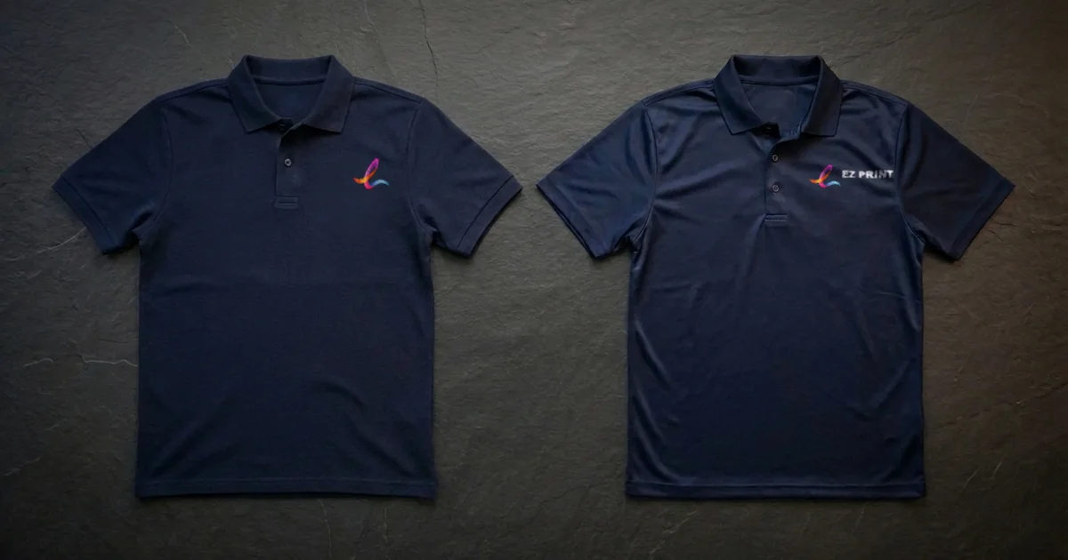Corporate polo shirts comparing left chest logo embroidery with direct-to-film transfer