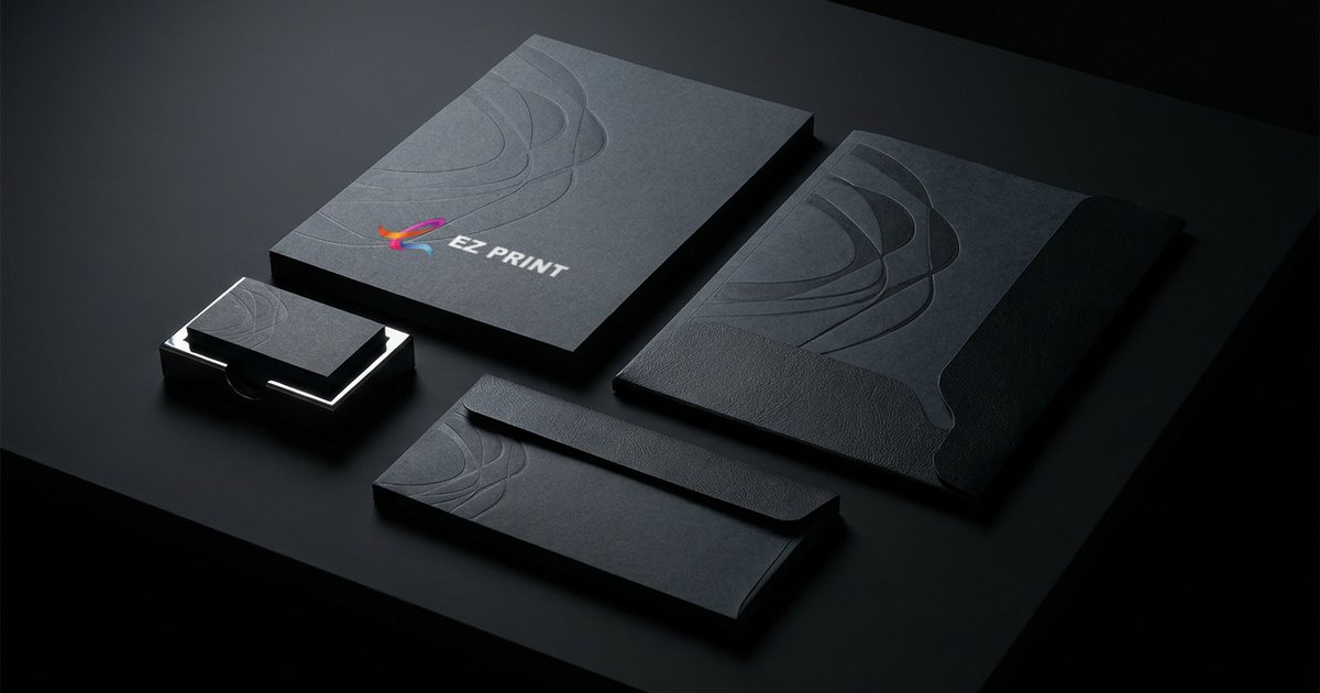 Black corporate stationery set: a letterhead printed with the EZ Print logo, a folder, envelopes and business cards.