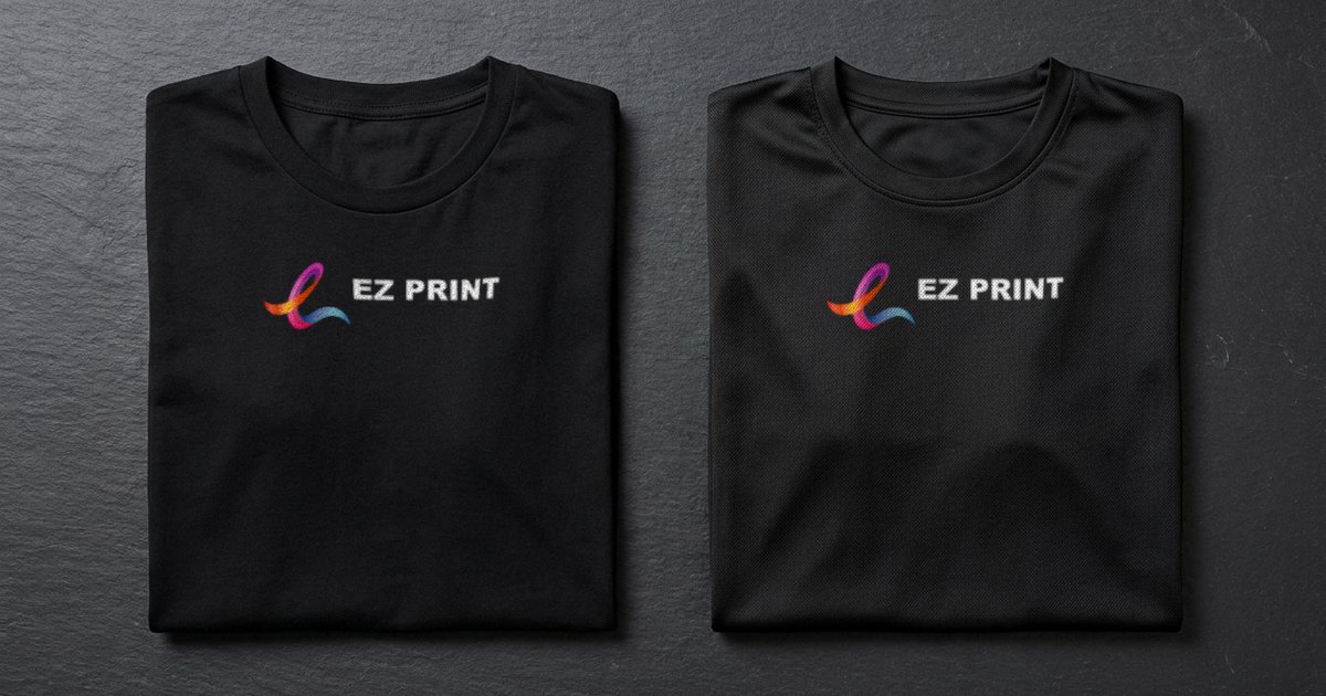 Two folded black T-shirts, cotton on the left and dri-fit on the right, both printed with the EZ Print logo.