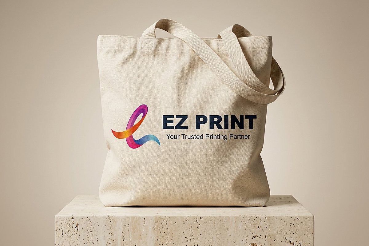 Photograph of a natural canvas tote bag printed with the EZ Print logo standing on a travertine plinth.
