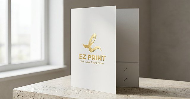 Illustration of an open dark grey presentation folder with blank sheets in the right pocket and a blank card held by corner slits.