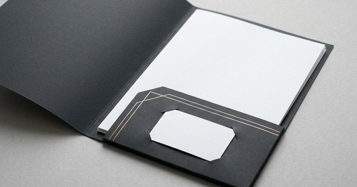 Illustration of an open dark grey presentation folder with blank sheets in the right pocket and a blank card held by corner slits.