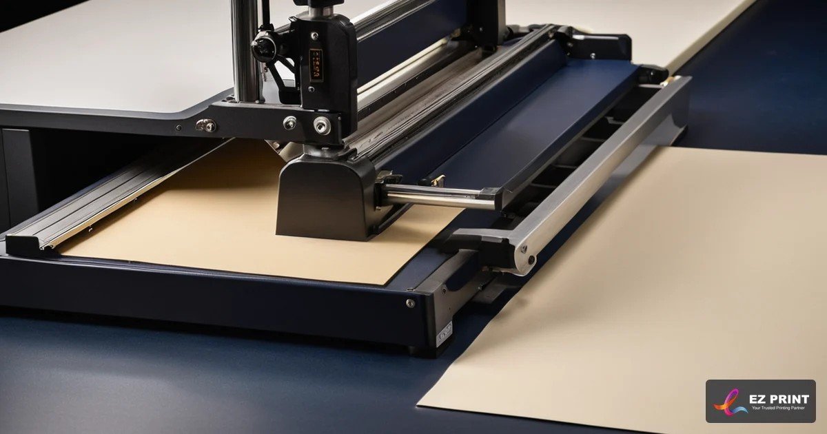 Illustration of a sheet-cutting machine trimming cream card stock.