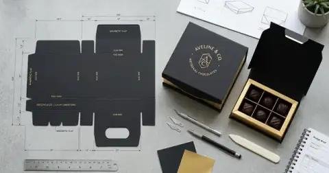 Structural packaging dieline layout template alongside finished matte black and gold foil gift boxes.