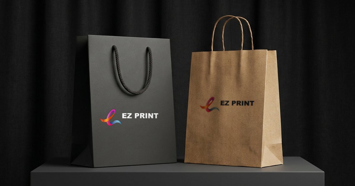 A grey paper bag with rope handles and a kraft paper bag with twisted handles, both printed with the EZ Print logo.