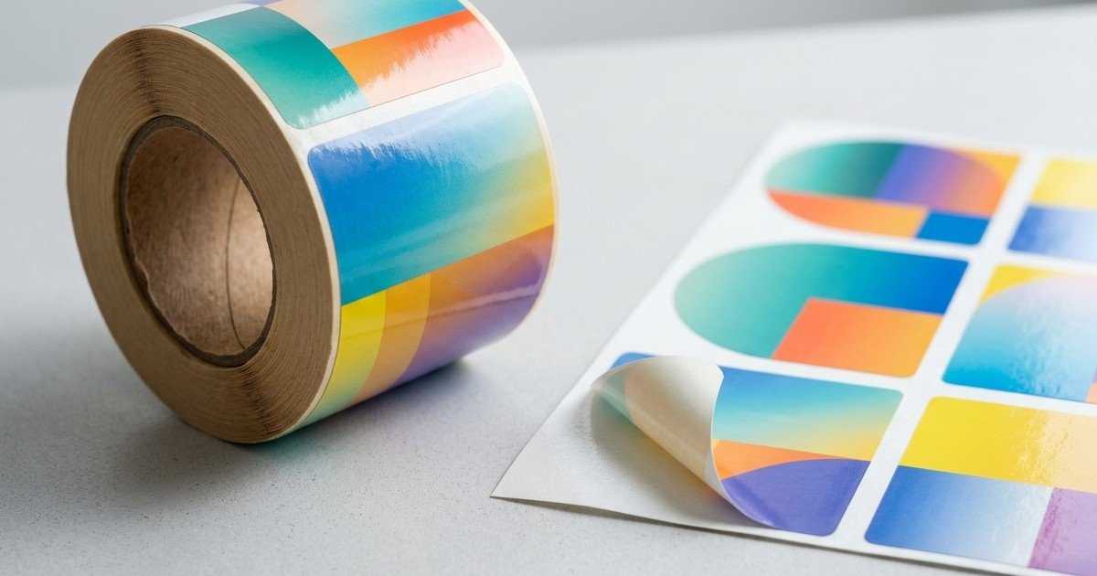 Illustration of a roll of colourful blank-design labels beside a flat sheet of kiss-cut labels with one label peeling.