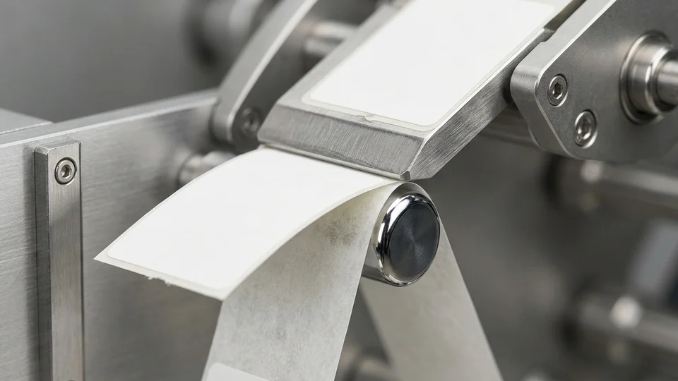 Illustration of blank white labels on a backing strip passing over the peel edge of a labelling machine.