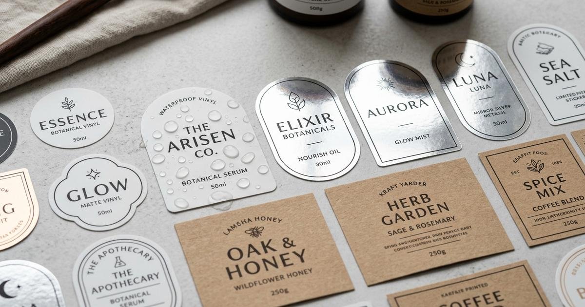 Collection of waterproof vinyl labels, metallic silver foil stickers, and textured kraft product labels.