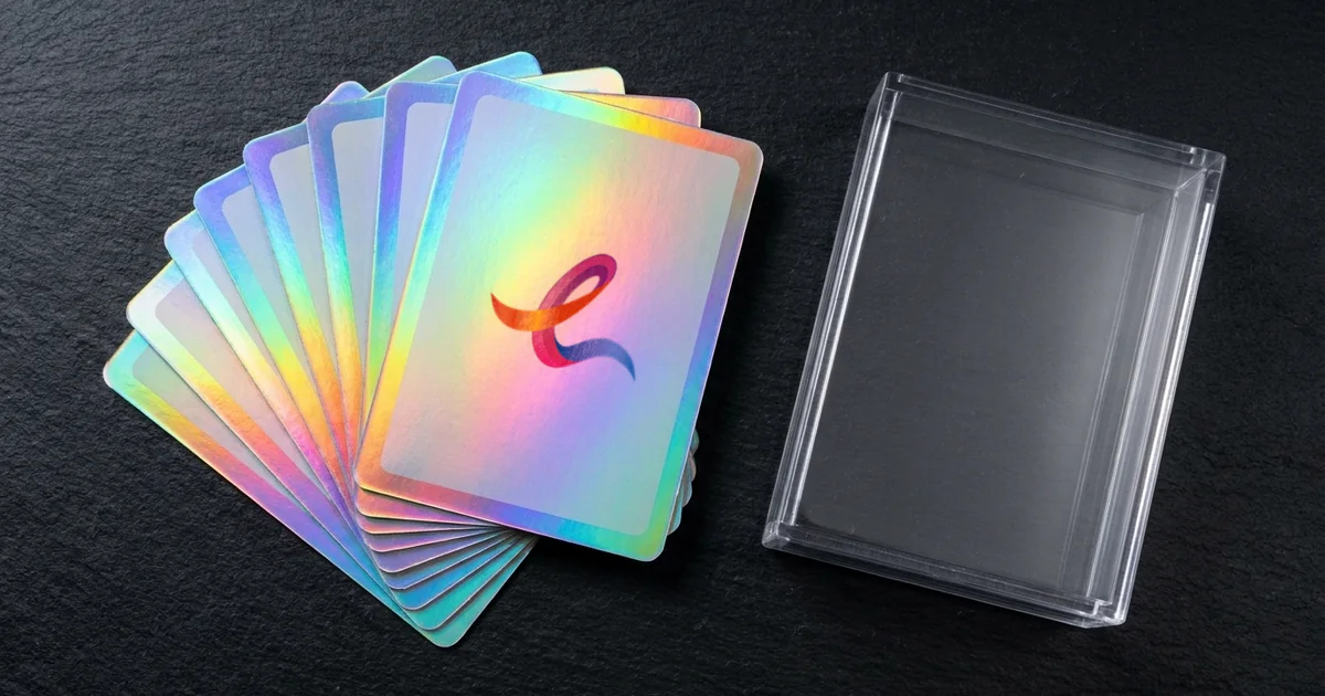 Fanned set of poker size collectible trading cards with reflective holographic lamination displayed beside a clear plastic case