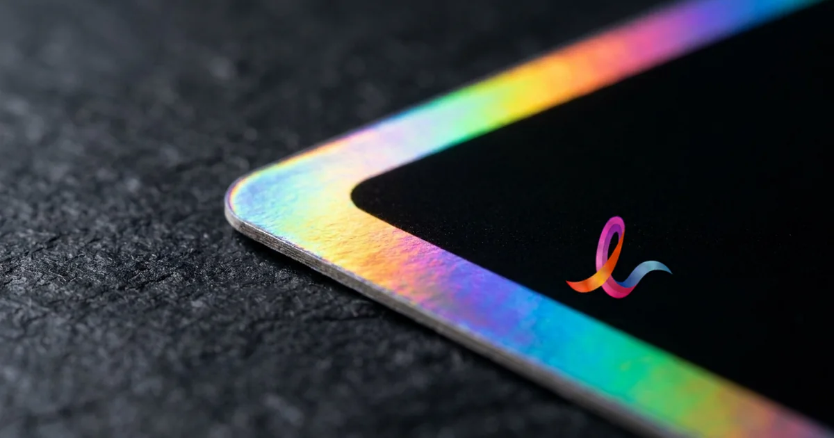 Close-up of a round-cornered card with a holographic border and the EZ Print ribbon mark on its black face.