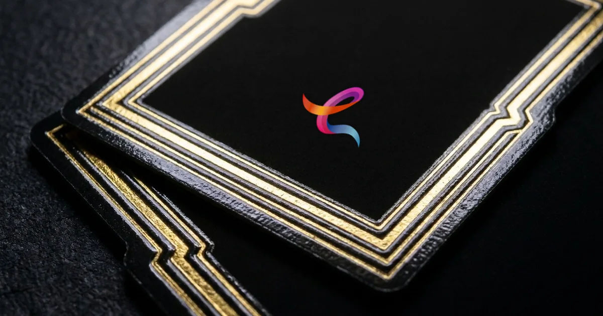 Close-up of black card backs with a gold foil border and the EZ Print ribbon mark.