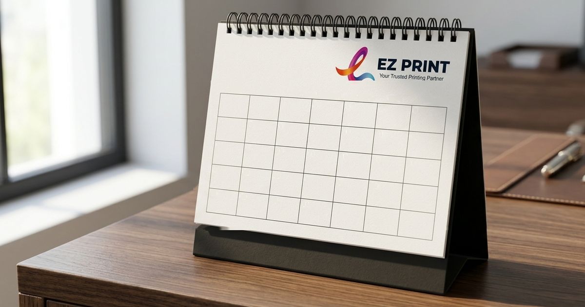 Photograph of a Wire-O bound desk calendar on a black triangular stand on a wooden desk.
