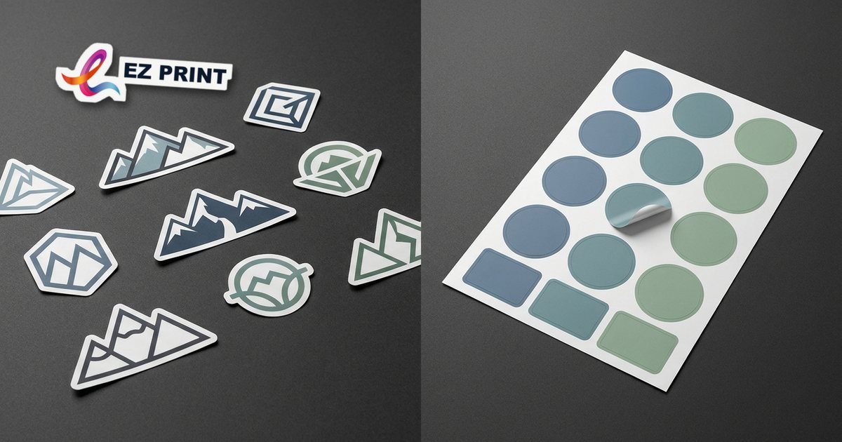 Die-cut vinyl stickers on a dark surface, including an EZ Print logo sticker, beside a kiss-cut sheet of round labels.