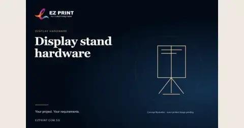 Conceptual typography and line drawing for display stand hardware; an exact product image is pending.