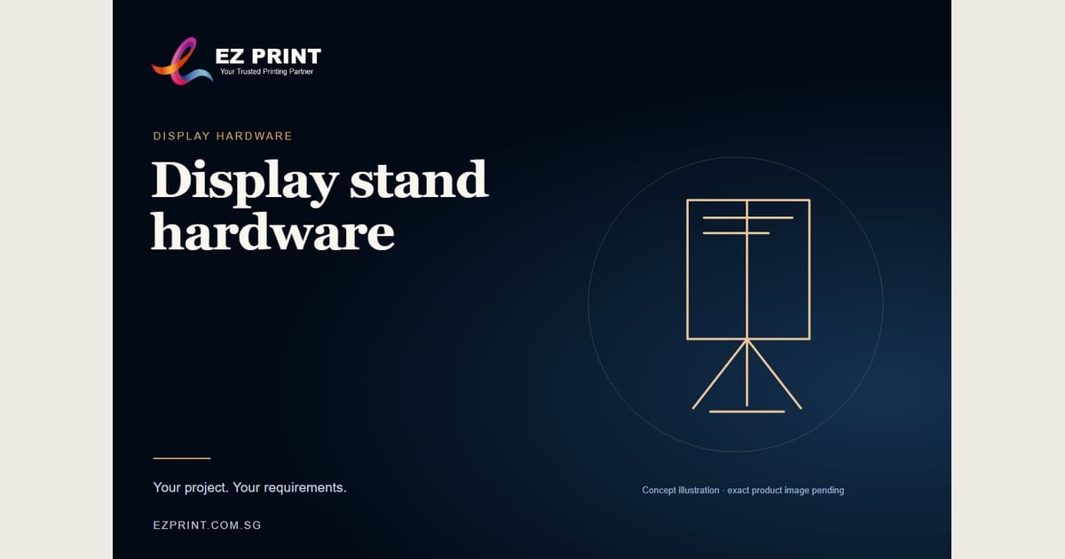 Conceptual typography and line drawing for display stand hardware; an exact product image is pending.