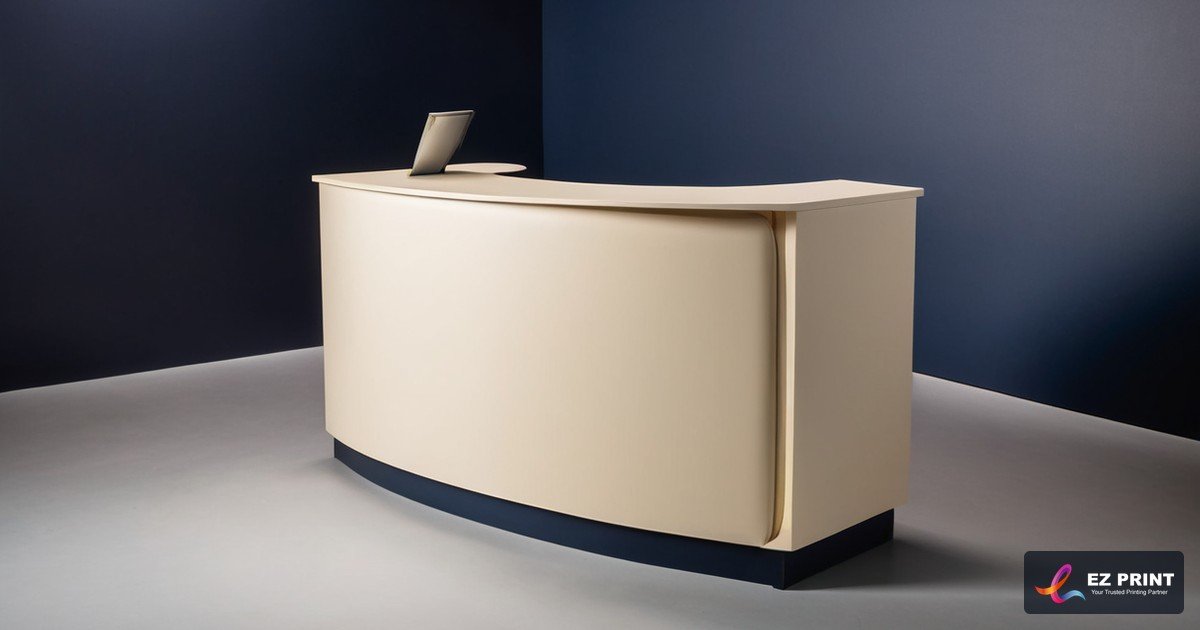 Illustration of a curved exhibition counter with a plain cream front panel.