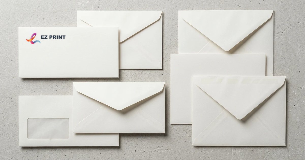 White envelopes in several sizes, including a window envelope, the DL envelope printed with the EZ Print logo.