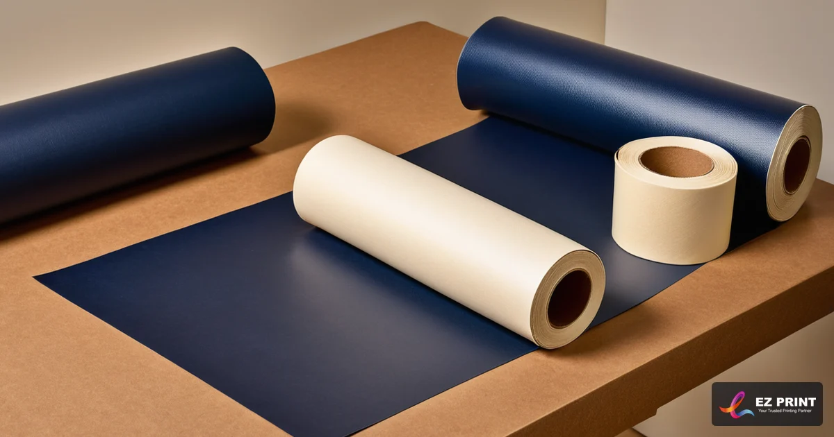 Illustration of rolls of printable material on a kraft-covered work table.