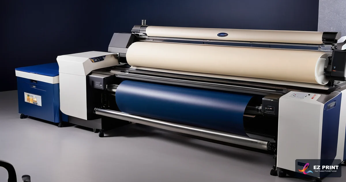 Illustration of a wide-format roll printer loaded with media rolls.