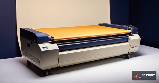 Wide-format UV hybrid flatbed printer producing seamless event stage backdrop under high-precision UV drying lamps.