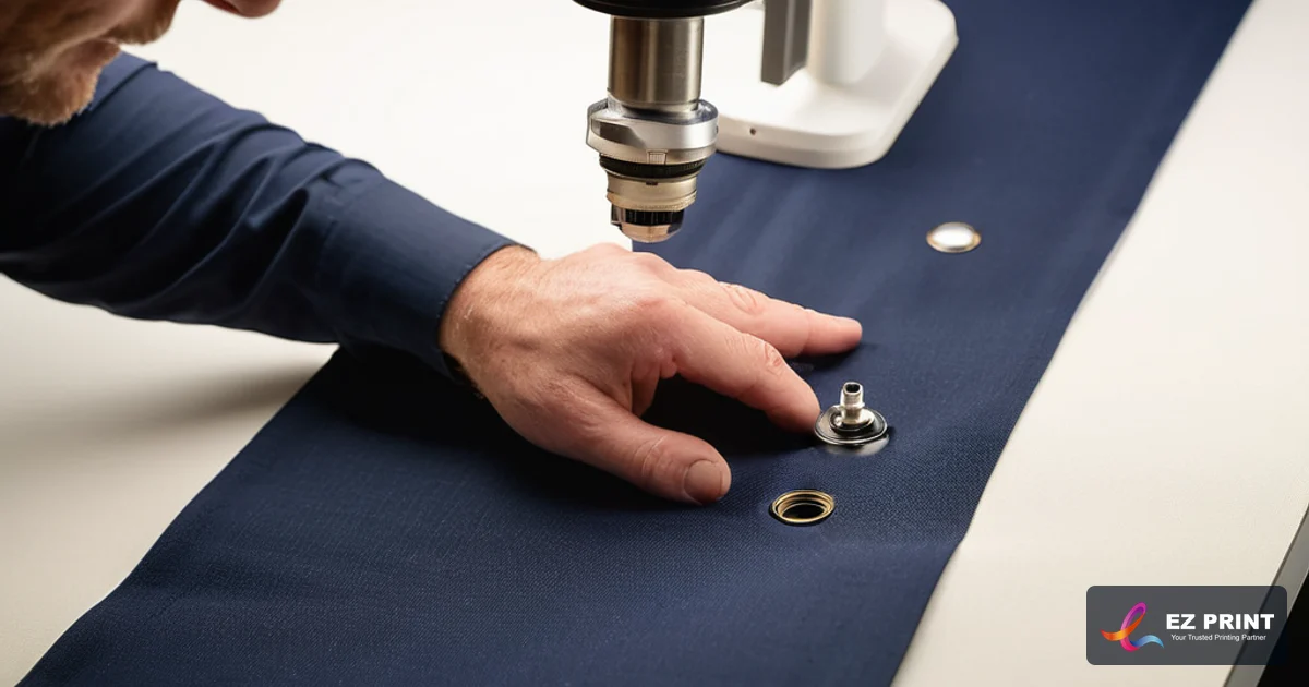 Illustration of technician inspecting reinforced eyelet grommet spacing and double-stitched perimeter hems on tension fabric backdrop sample.
