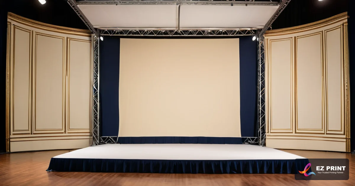 Illustration of truss-mounted event stage backdrop framed on ballroom stage with anti-glare matte finish under auditorium lighting.