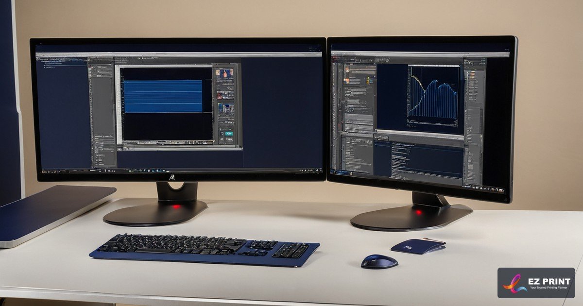 Illustration of a desk with two monitors showing design software.