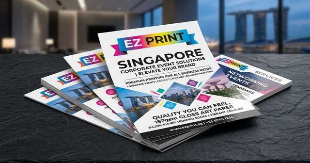 Printed commercial sample of express marketing flyers printed on 157gsm gloss art paper with EZ Print branding.