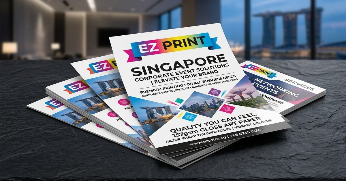 Printed commercial sample of express marketing flyers printed on 157gsm gloss art paper with EZ Print branding.