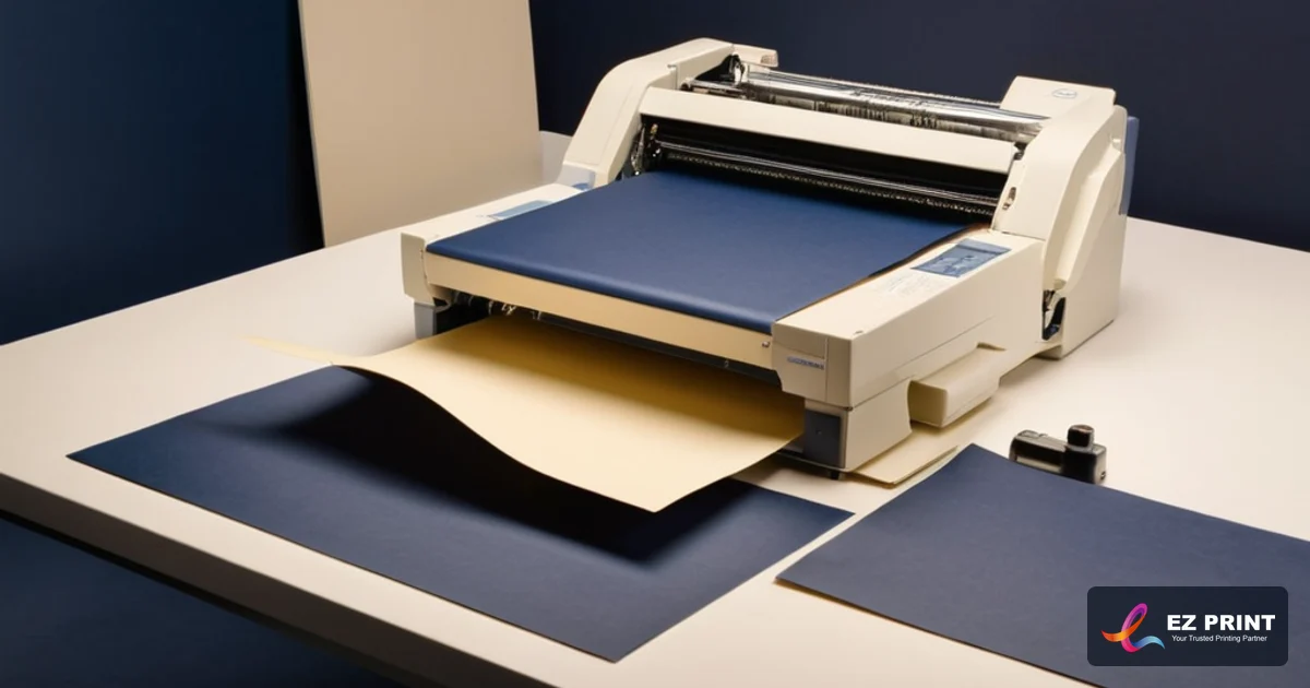 Illustration of automatic paper folding machine folding an A0 blueprint into standard A4 filing size with title block visible.