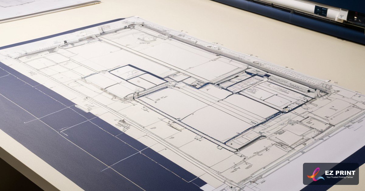 High-speed technical wide-format plotter printing architectural blueprints with fine CAD line work on 80gsm bond paper.