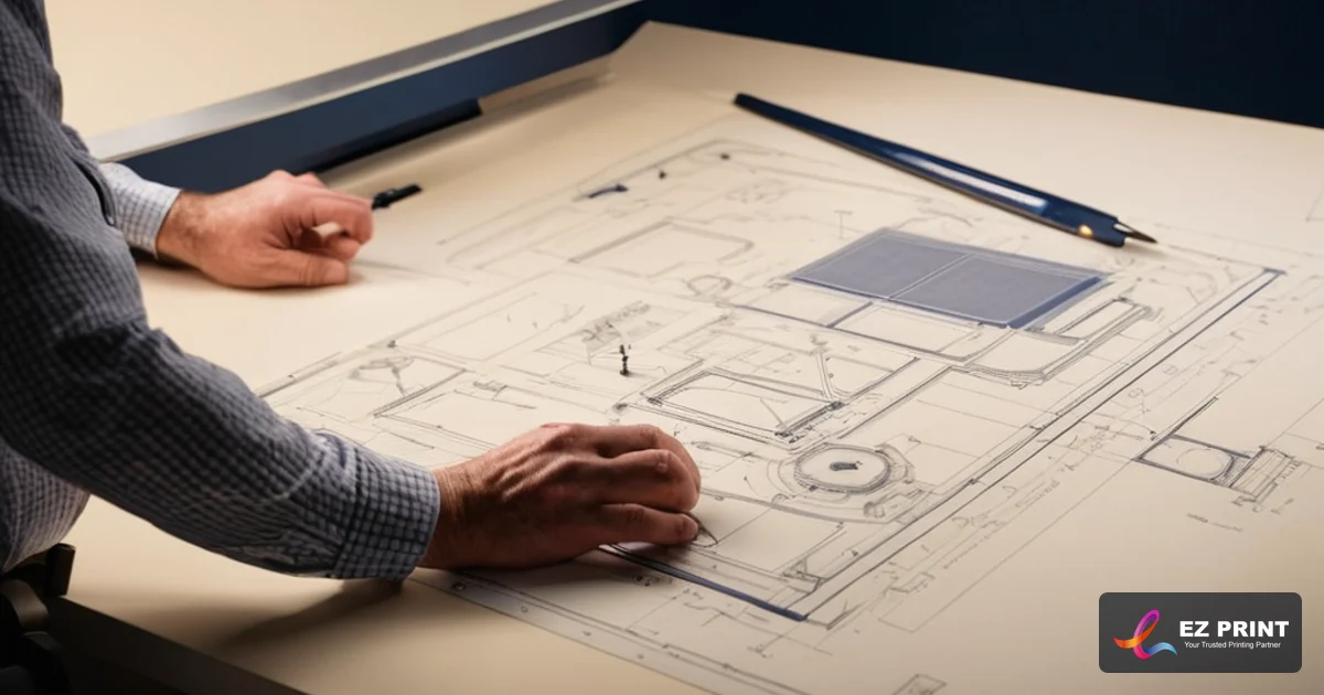Illustration of architect inspecting scale drawings, dimensions, and line weight consistency on a technical drafting table.