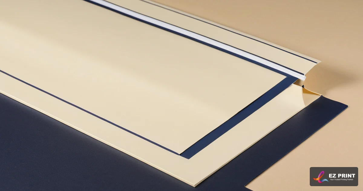 Illustration of layered cream sheets with navy border lines.
