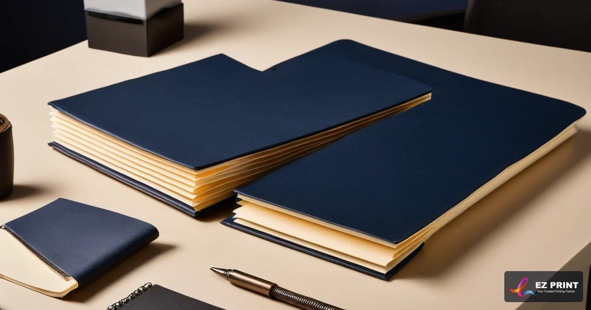 Illustration of two navy-covered booklets with cream pages on a desk.