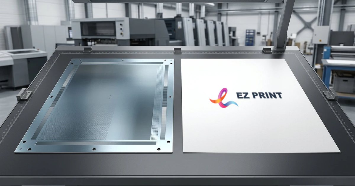 Aluminium printing plate beside a printed sheet carrying the EZ Print logo on a press-room inspection table.