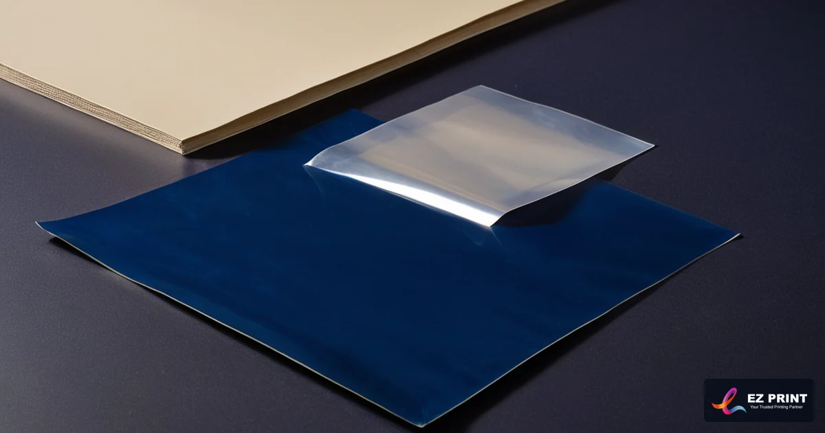 Illustration of a clear film sheet resting on a navy card sheet.